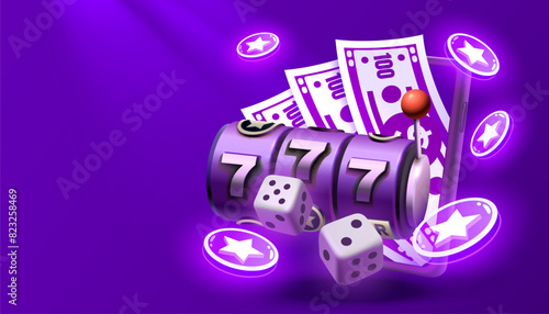Casino slots machine winner, online games phone, 777 win banner. Vector illustration