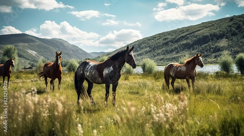 A photo of a group of horses grazing in a meadow.