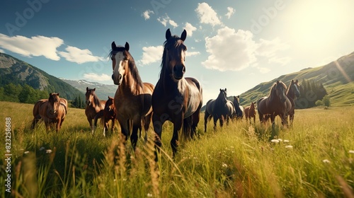 A photo of a group of horses grazing in a meadow. © Global Stock