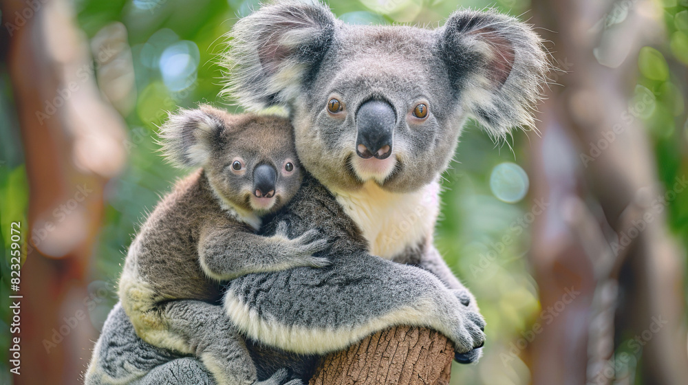 Fototapeta premium Mother koala with baby on her back 