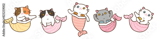Vector Illustration of Cute Cartoon Mermaid Cat Characters on Isolated Background