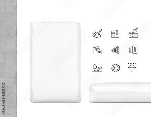 Vertical big heavy bag mockups for chemical products with set icons. High realistic vector illustration isolated on white background. Ready for use in presentation, promo, advertising and more. EPS10.
