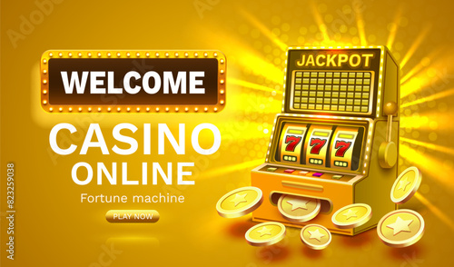 Casino online 777 banner slots machine winner, jackpot fortune of luck. Vector illustration