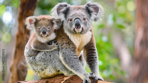 Mother koala with baby on her back 