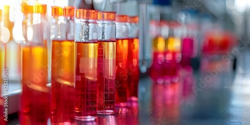 Vibrant science lab display with beakers filled with colorful liquids on tabletop. Concept Science Lab, Vibrant Display, Colorful Beakers, Liquid Experiments, Tabletop Decor