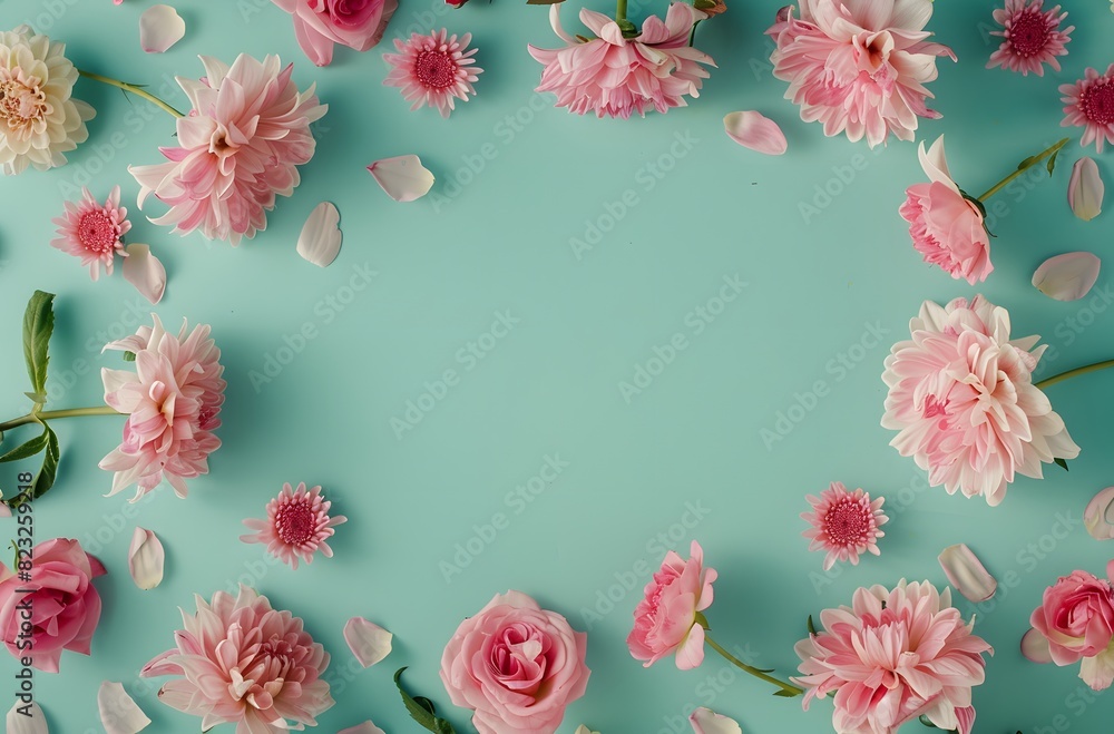 Pastel Pink Roses and Chrysanthemums on Turquoise Background