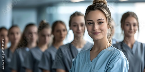 Young nursing student leading her team in hospital all in scrubs. Concept Healthcare Leadership  Nursing Teamwork  Hospital Scrubs  Student Leadership  Healthcare Professionals