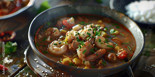 A captivating image of a rustic pot b with chicken gumbo presenting the rustic beauty of Cajun cuisine through a medley of tender chicken plump shrimp zesty tomatoes on wooden table background.
