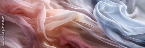 A surreal digital painting of three layers of flowing fabrics in different colors, each layer creating soft waves and folds that interplay with the light, evoking an ethereal atmosphere 