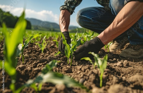A farmer is tending to his cornfield  carefully ploughing the soil. The surreal photo shows hands gently touching young green leaves on tall growing plants in the ground