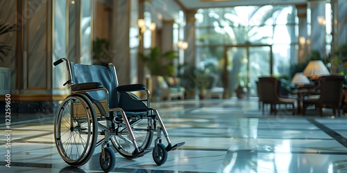 Symbol of Healthcare Accessibility and Modern Facilities: Unoccupied Wheelchair in a Luxurious Lobby. Concept Healthcare Accessibility, Modern Facilities, Unoccupied Wheelchair, Luxurious Lobby