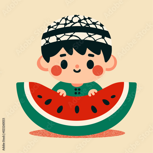 Palestinian child with watermelon: a symbol of prosperity and victory, celebrating hope, abundance, and triumph. watermelon design.