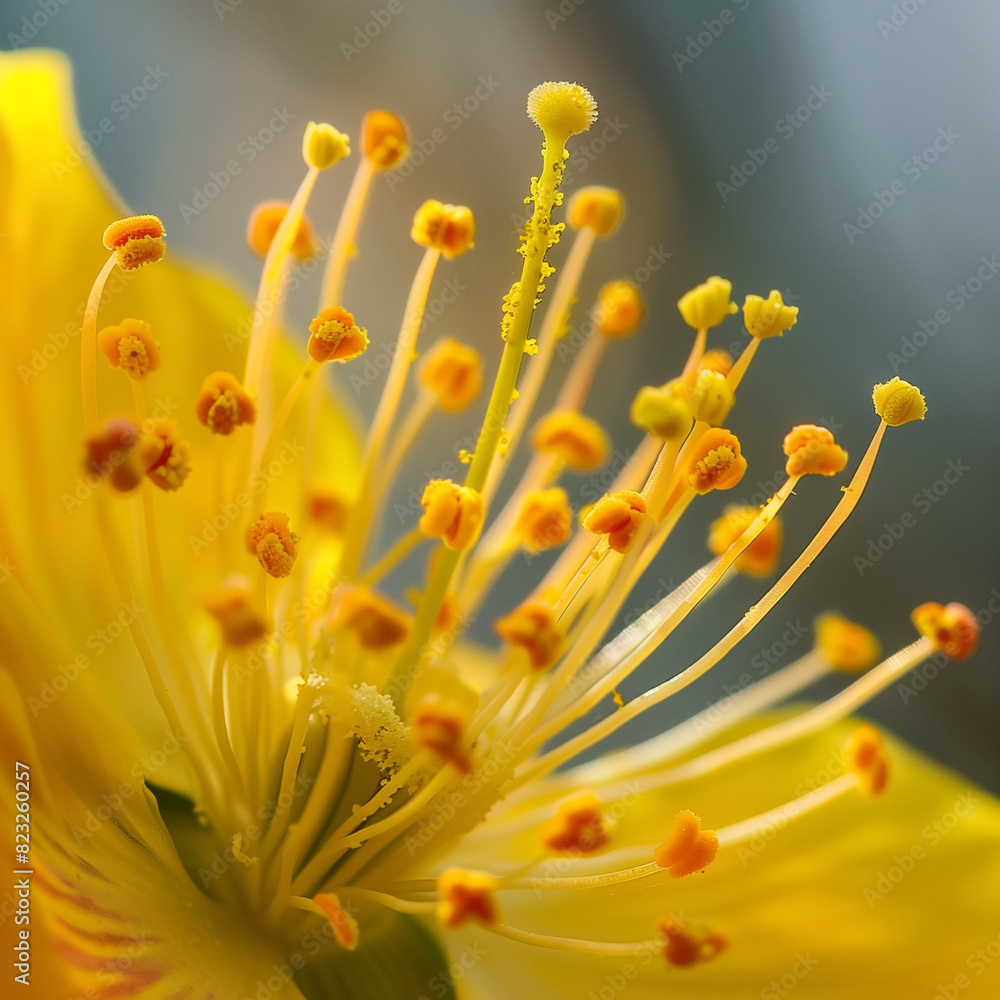 Close-up of yellow pollen on a blooming flower, with a blurred natural background Close-up of yellow pollen on a blooming flower, with a blurred natural background