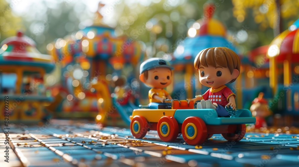 Scene of 3D realistic cartoon children playing on a seesaw and merry-go-round, enjoying their time on a sunny day at the playground