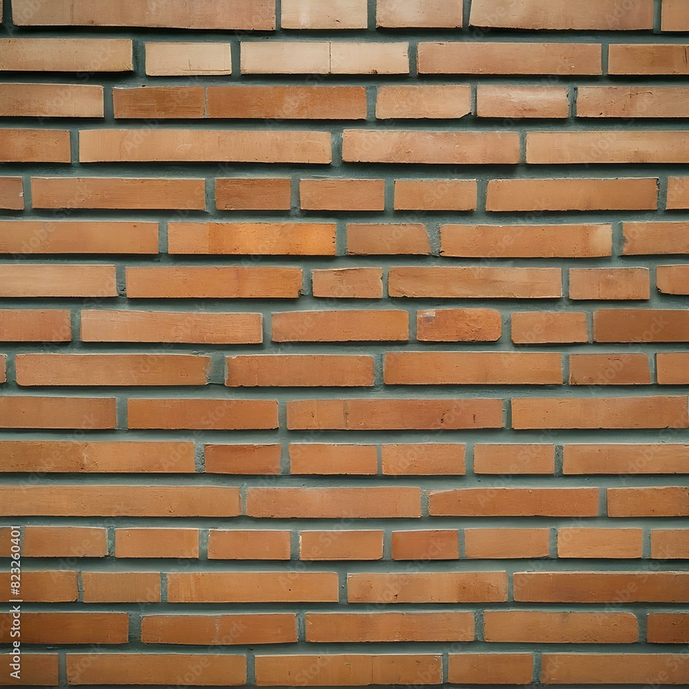 Obraz premium This image displays a close-up view of a brick wall with evenly spaced, horizontal bricks and visible mortar lines.