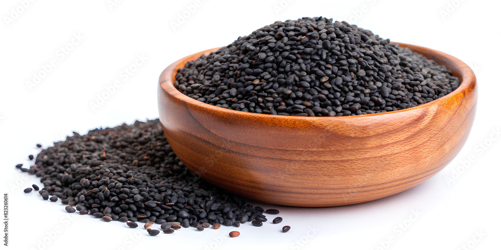 Black sesame seeds in wooden bowl isolated on white background Black sesame seeds in wooden bowl isolated on white background