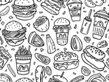 Burger and soft drink theme. Cartoon doodle drawing for children on a white background. 