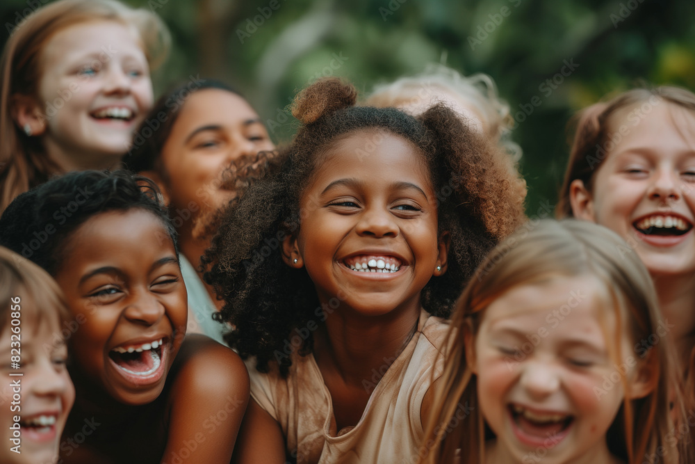 A group of children are smiling and hugging each other A group of children are smiling and hugging each other