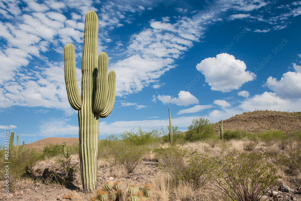 A large saguaro cactus dominates arid Sonoran desert landscape A large saguaro cactus dominates arid Sonoran desert landscape