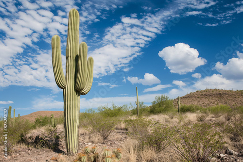 A large saguaro cactus dominates arid Sonoran desert landscape