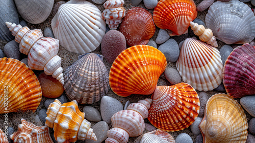 Vibrant collection of seashells on the beach, close up, beach treasures, dynamic, composite, sandy shore backdrop
