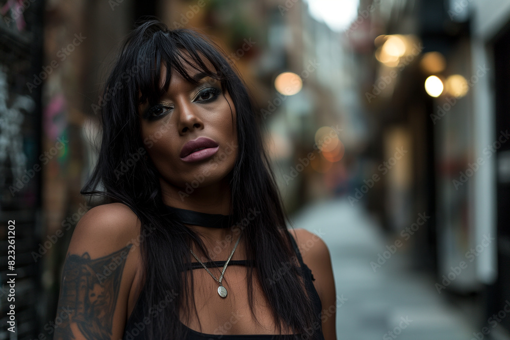 Non binary hispanic transgender mid Tomboy. Androgynous authentic identity for gender and sex education. Woman on street outdoors. Non binary hispanic transgender mid Tomboy. Androgynous authentic identity for gender and sex education. Woman on street outdoors.