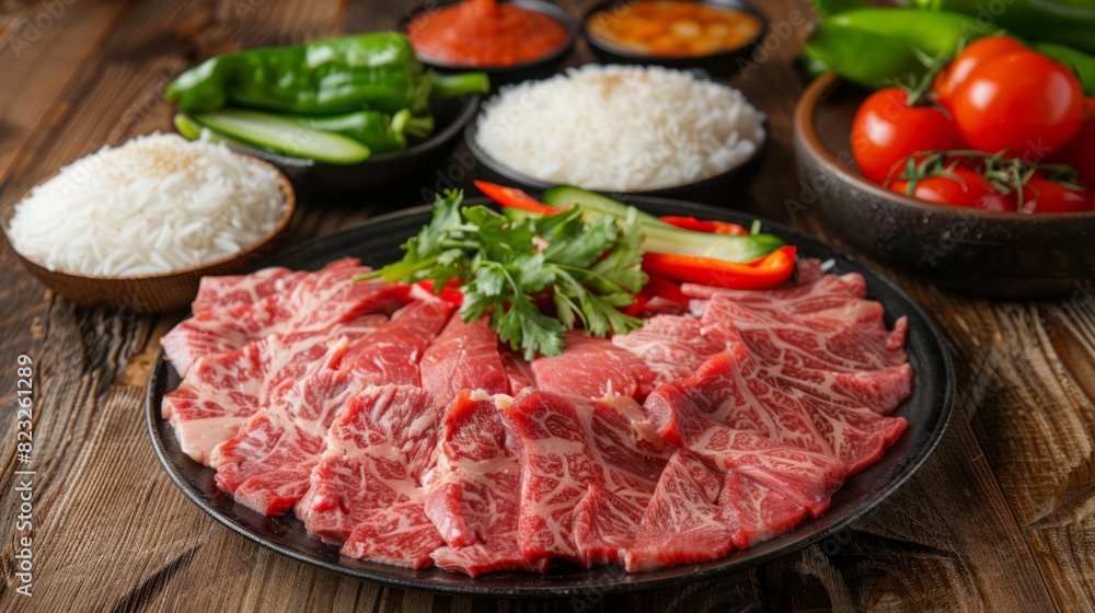 Fresh whole beef and beef slices accompanied by raw rice and fresh vegetables. Fresh whole beef and beef slices accompanied by raw rice and fresh vegetables.