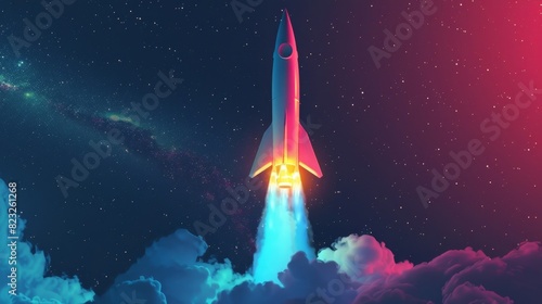 A rocket blasts off into the night sky its trajectory expertly optimized by the power of AI technology. photo