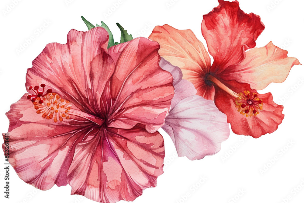 Watercolor hibiscus clipart with tropical blooms in shades of red and pink Watercolor hibiscus clipart with tropical blooms in shades of red and pink