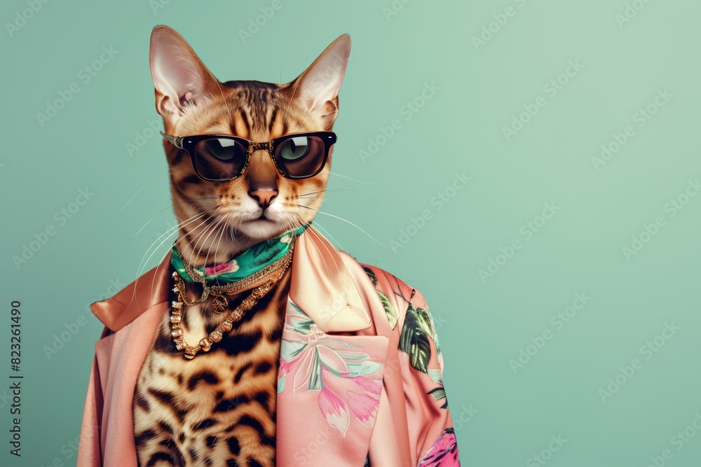 Fototapeta premium Chic Bengal Cat in Sunglasses and Silk Scarf