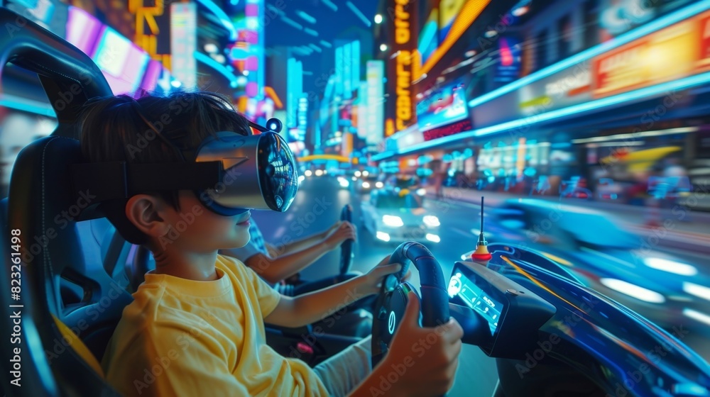 A group of children on a virtual reality car race surrounded by a bustling and vibrant digital city. A group of children on a virtual reality car race surrounded by a bustling and vibrant digital city.
