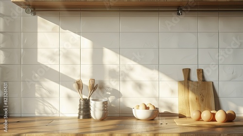 counter top with stylish kitchen ware  Fresh eggs  square white ceramic wall tiles. Morning sunligh photo