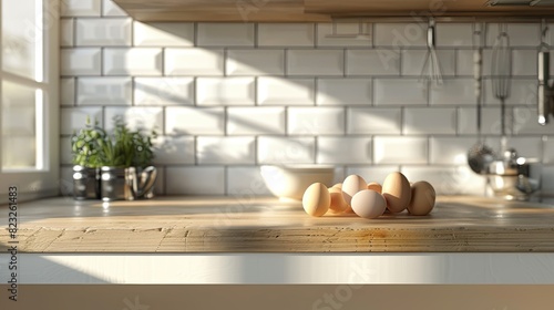 counter top with stylish kitchen ware  Fresh eggs  square white ceramic wall tiles. Morning sunligh photo