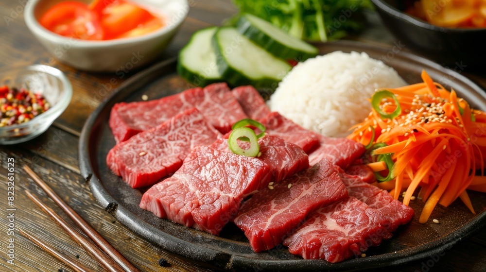 Fresh whole beef and beef slices accompanied by raw rice and fresh vegetables. Fresh whole beef and beef slices accompanied by raw rice and fresh vegetables.