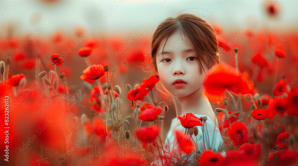 Naklejka premium Portrait of a young asian girl with pale skin standing in a field of red flowers. Dream-like and ethereal