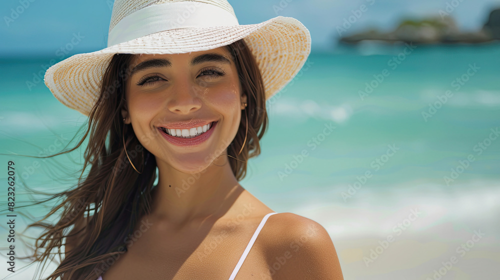 Portrait of stylish latin hispanic woman with white straw hat standing at beach. Young smiling woman on vacation enjoy sea breeze