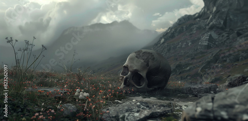 Human skull in valley of death desert. gloomy photo