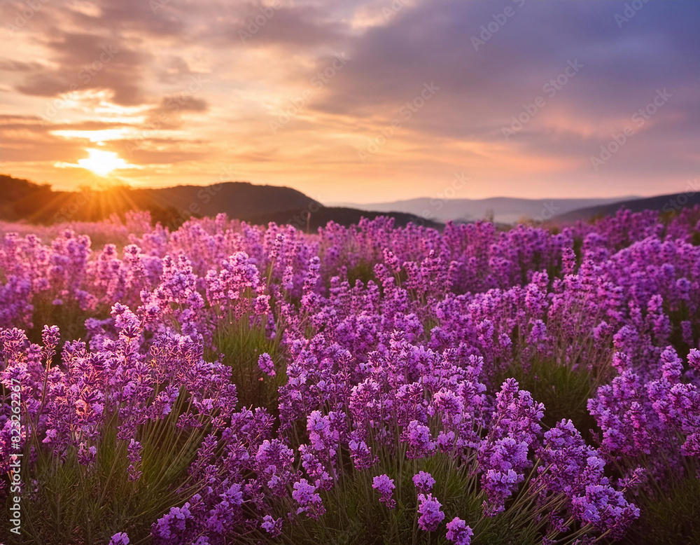 Fototapeta premium Lavender Field at Sunset: Tranquil Beauty of Nature's