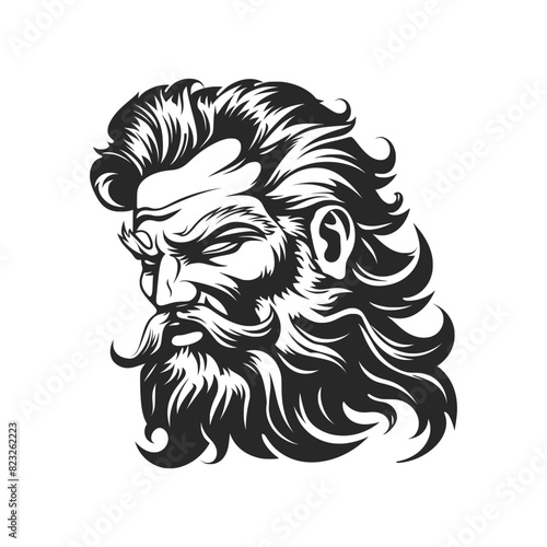 Vector illustration. A detailed  illustration of Zeus, the ancient Greek god, is drawn with intricate emphasis on his beard and flowing hair.  AI Generated.