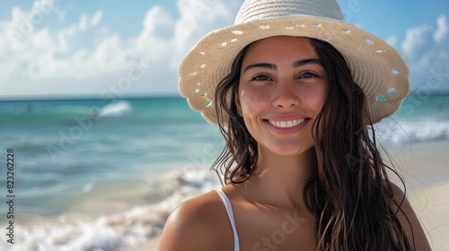 Portrait of stylish latin hispanic woman with white straw hat standing at beach. Young smiling woman on vacation enjoy sea breeze