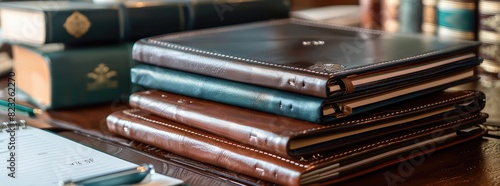 Professional-looking notebooks and planners displayed on a desk featuring leather covers and embossed logos providing space for jotting down ideas scheduling meetings and staying  photo
