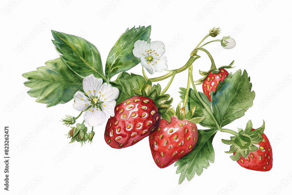 watercolor illustration of ripe strawberry with leaves and flowers, painted elements composition Hand drawn food illustration watercolor illustration of ripe strawberry with leaves and flowers, painted elements composition Hand drawn food illustration