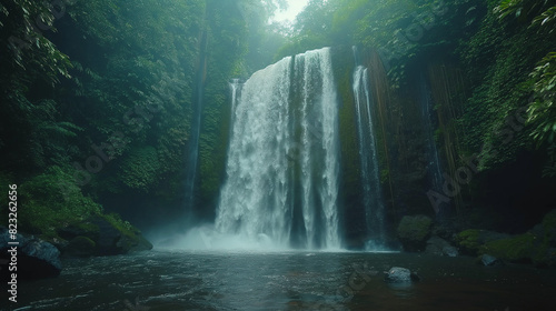 Majestic waterfall in a lush tropical rainforest.