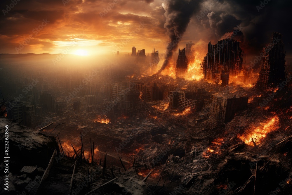 Dramatic and ominous apocalyptic cityscape scene with flames and smoke at sunset in a post-apocalyptic urban dystopian world ravaged by war and chaos Dramatic and ominous apocalyptic cityscape scene with flames and smoke at sunset in a post-apocalyptic urban dystopian world ravaged by war and chaos