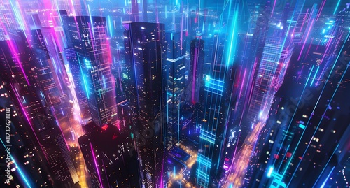 Futuristic cityscape at night with neon lights and digital streams