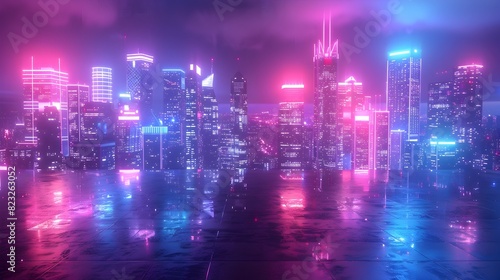 Mesmerizing Neon Lit Cityscape of Towering Skyscrapers and Captivating Reflections on the Shimmering Waters
