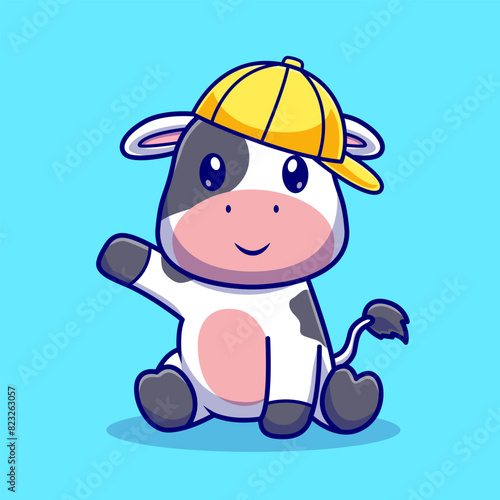 Cute Cow Sitting With Hat Cartoon Vector Icon Illustration.
Animal Nature Icon Concept Isolated Premium Vector. Flat 
Cartoon Style