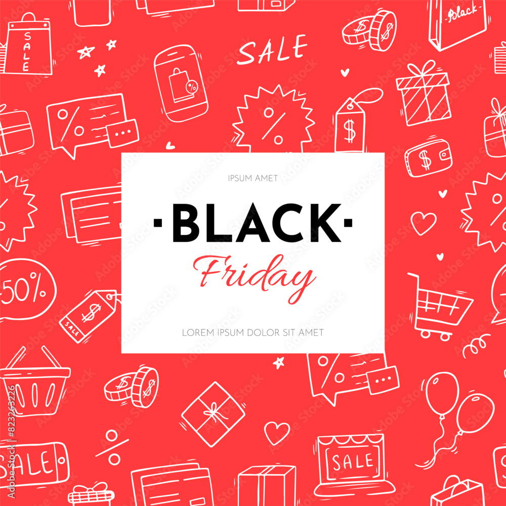 Black friday banner template with lettering and doodle elements. Black Friday sale banner. Social media vector illustration template Black friday banner template with lettering and doodle elements. Black Friday sale banner. Social media vector illustration template
