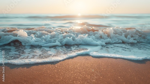 Serene Beach Backdrop with Gentle Waves and Soft Sand at Sunset for Summer and Beach Themed Product Presentations