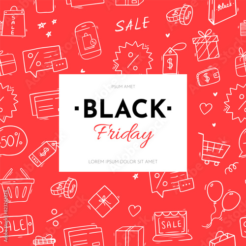 Black friday banner template with lettering and doodle elements. Black Friday sale banner. Social media vector illustration template